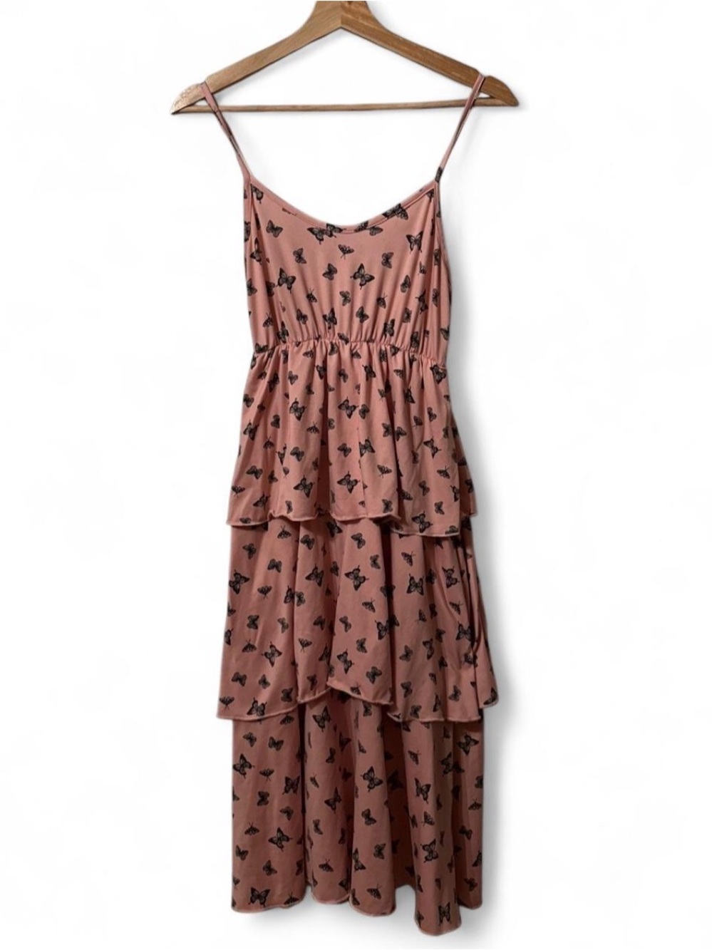Glitter Girl Butterfly Print Tiered Midi Dress in Pink